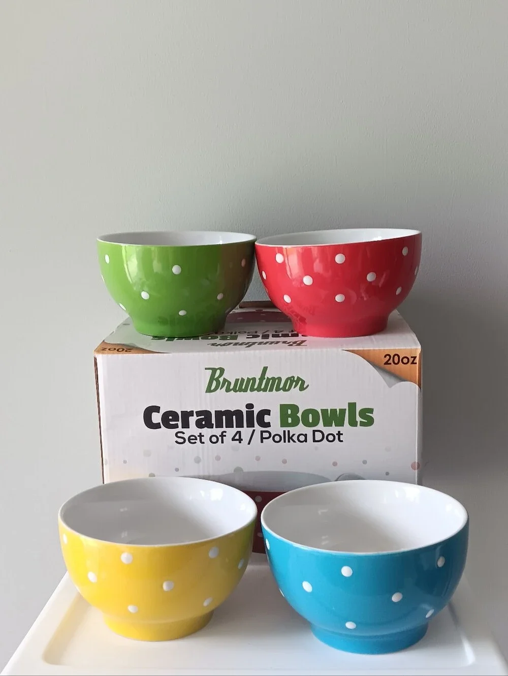 Bruntmor Ceramic Bowls Set Of 4 Polka Dots 20 Oz Red Blue Green Yellow White